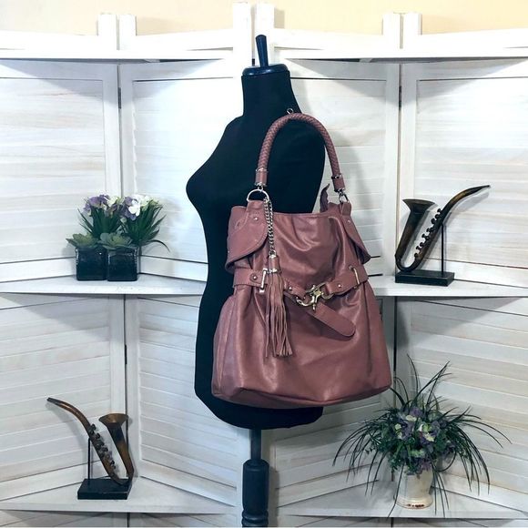 Vintage Handbags - Vintage Y2K rose pink vegan leather rocker hobo silver hardware shoulder bag